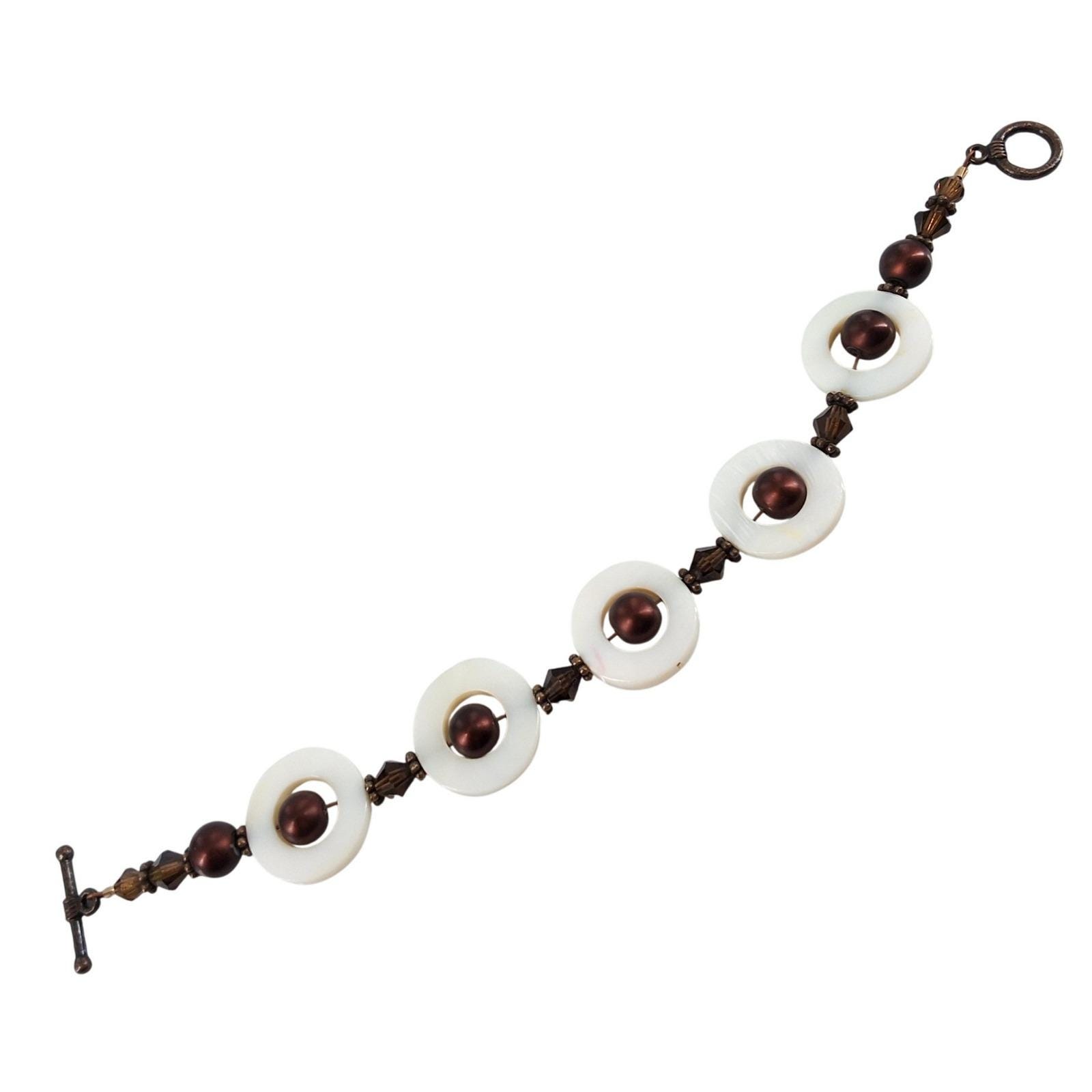 Vintage Boho Mother of Pearl Donut & Brown Pearl Toggle Bracelet 8"
