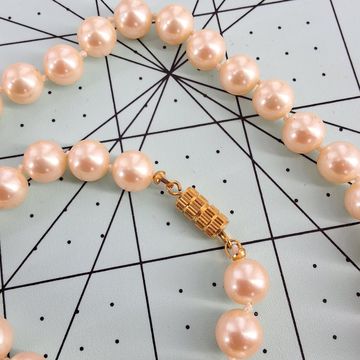 Vintage White Gold Faux Glass Pearl Necklace Hand Knotted 30" Barrel Clasp