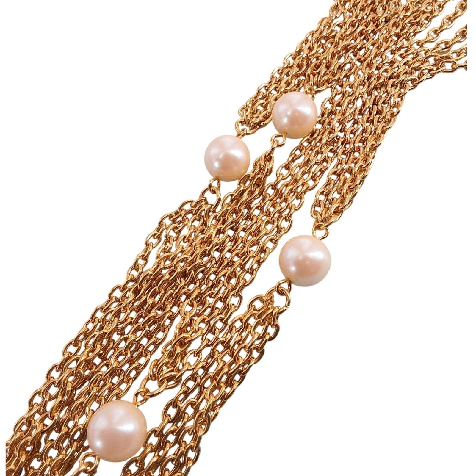 Long Gold Tone Faux Pearl Station Necklace | 36" Layering Chain