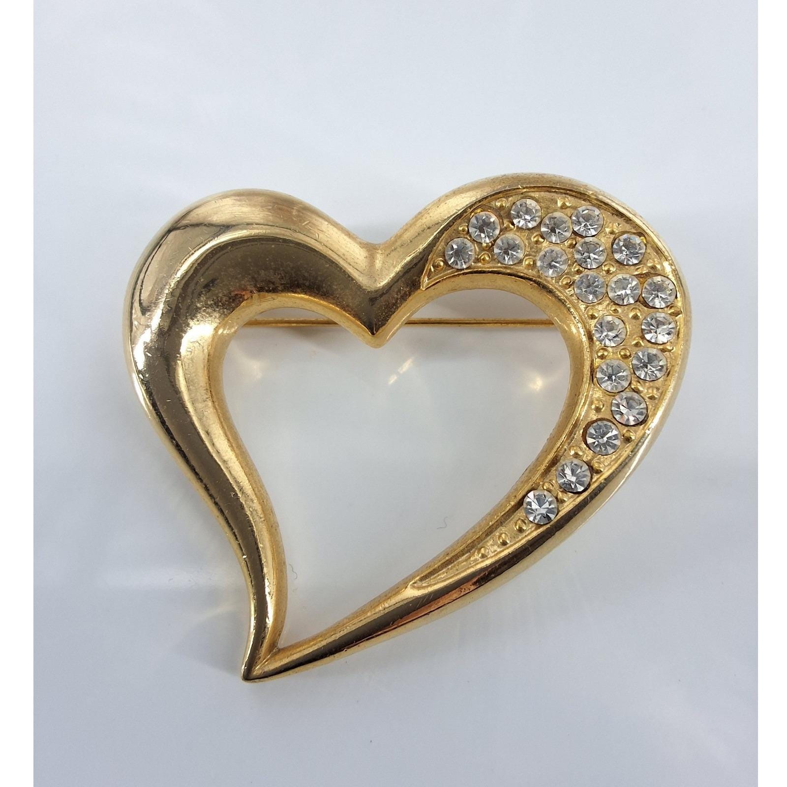 Vintage Gold Tone Pavé Rhinestone Open Heart Brooch Pin 1990s Romantic