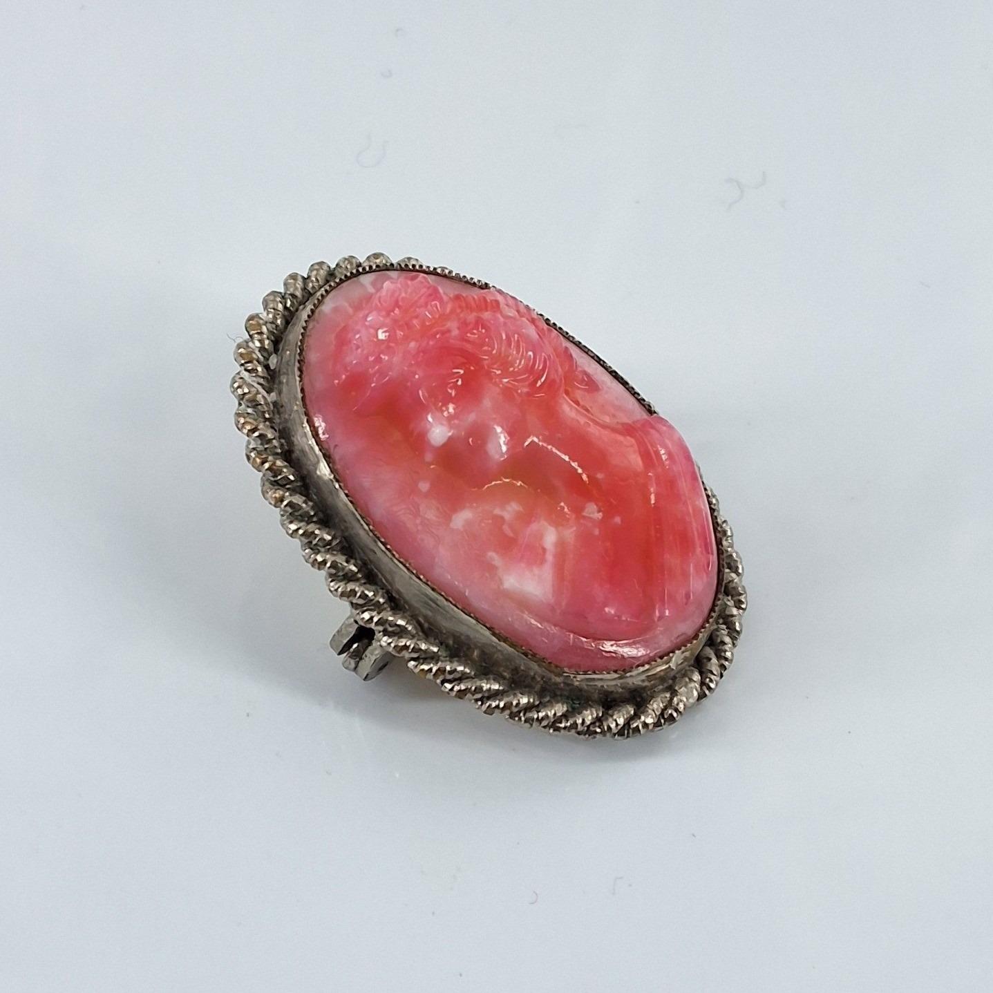 Vtg Pink Conch Shell Cameo Brooch Silver Tone Rope Border Hand Carved Italy - View 3