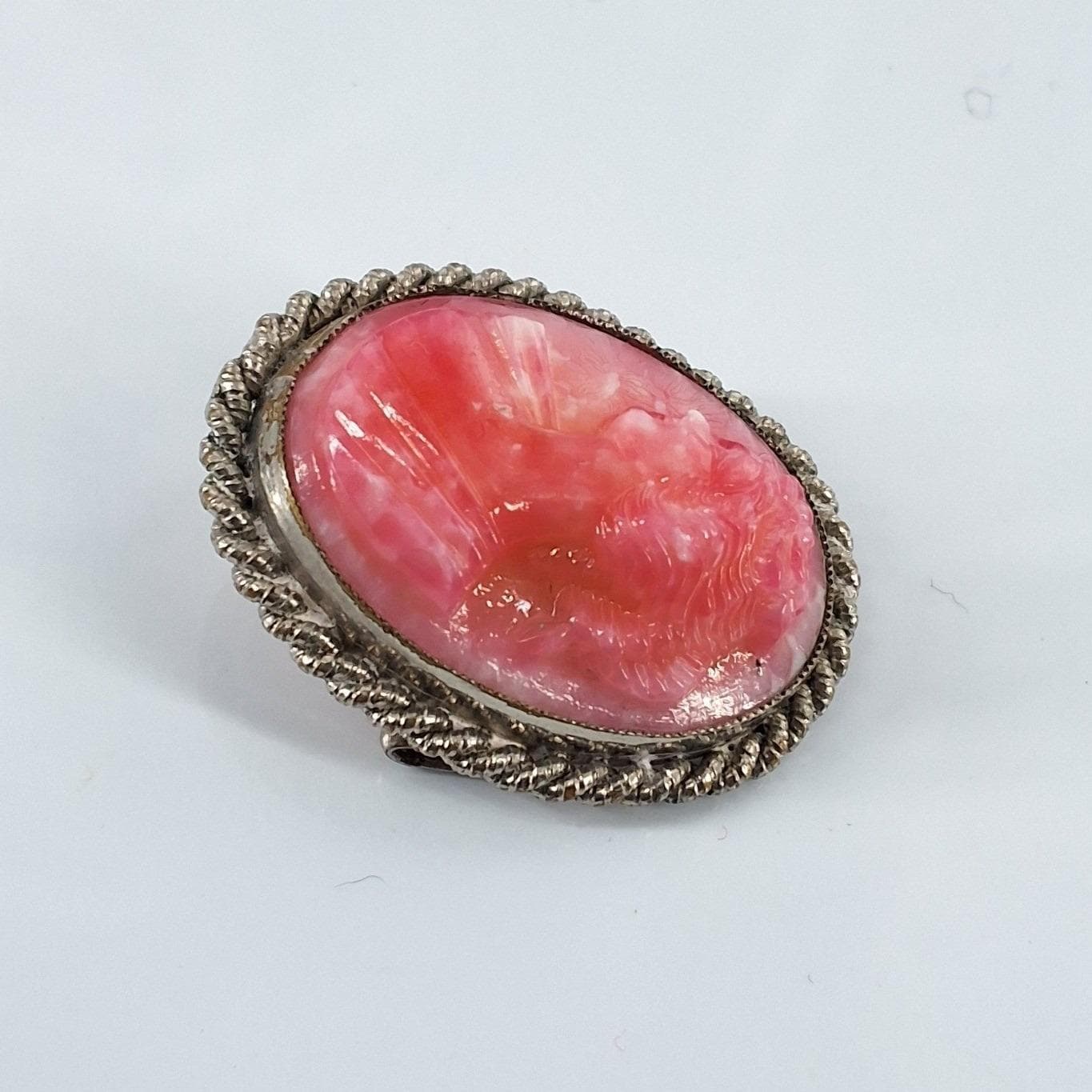 Vtg Pink Conch Shell Cameo Brooch Silver Tone Rope Border Hand Carved Italy - View 6