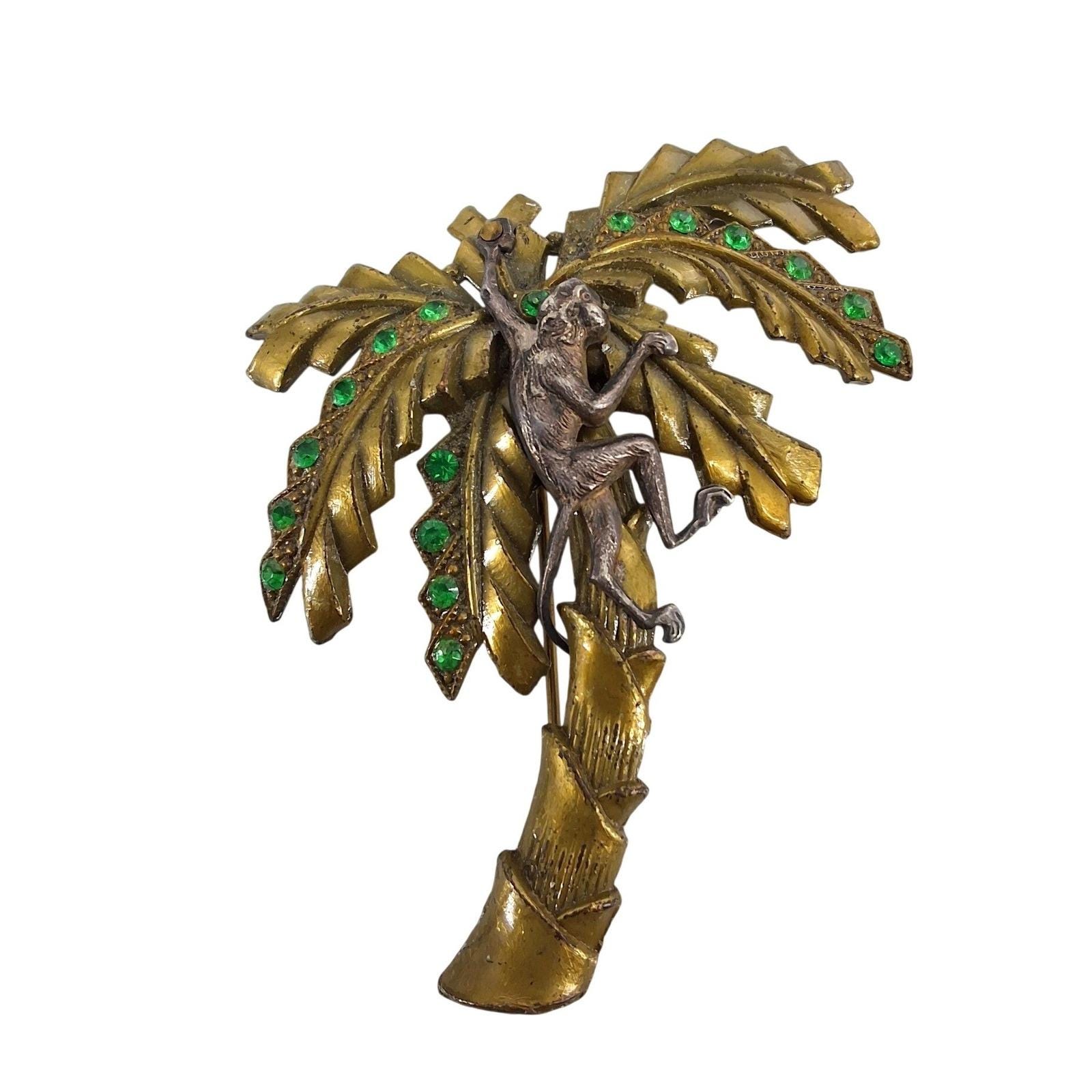 Vintage 1928 Jewelry Co Monkey Palm Tree Brooch Green Rhinestone Pin Book Piece