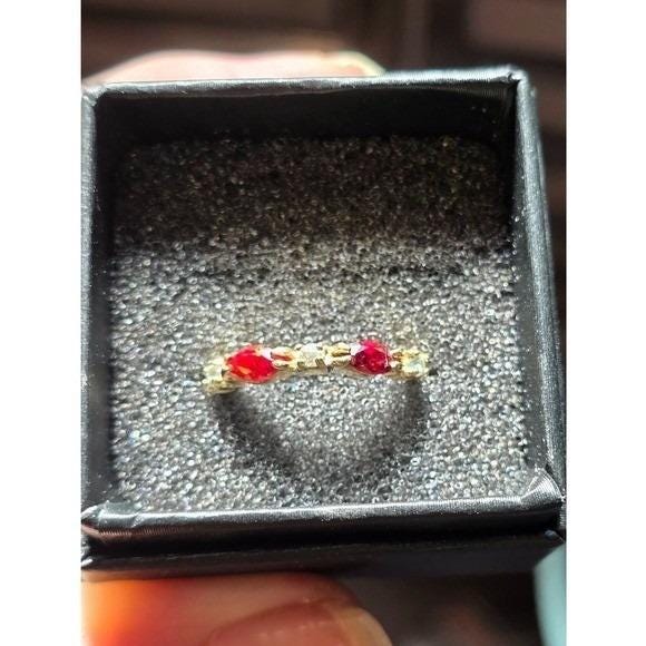 Vintage Red & Clear Rhinestone Ring Size 7 Gold Tone Prong Set Stacking Band - View 5