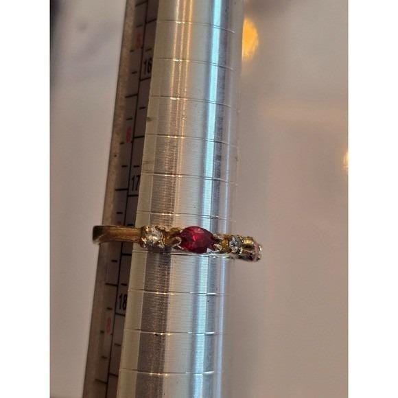 Vintage Red & Clear Rhinestone Ring Size 7 Gold Tone Prong Set Stacking Band - View 10