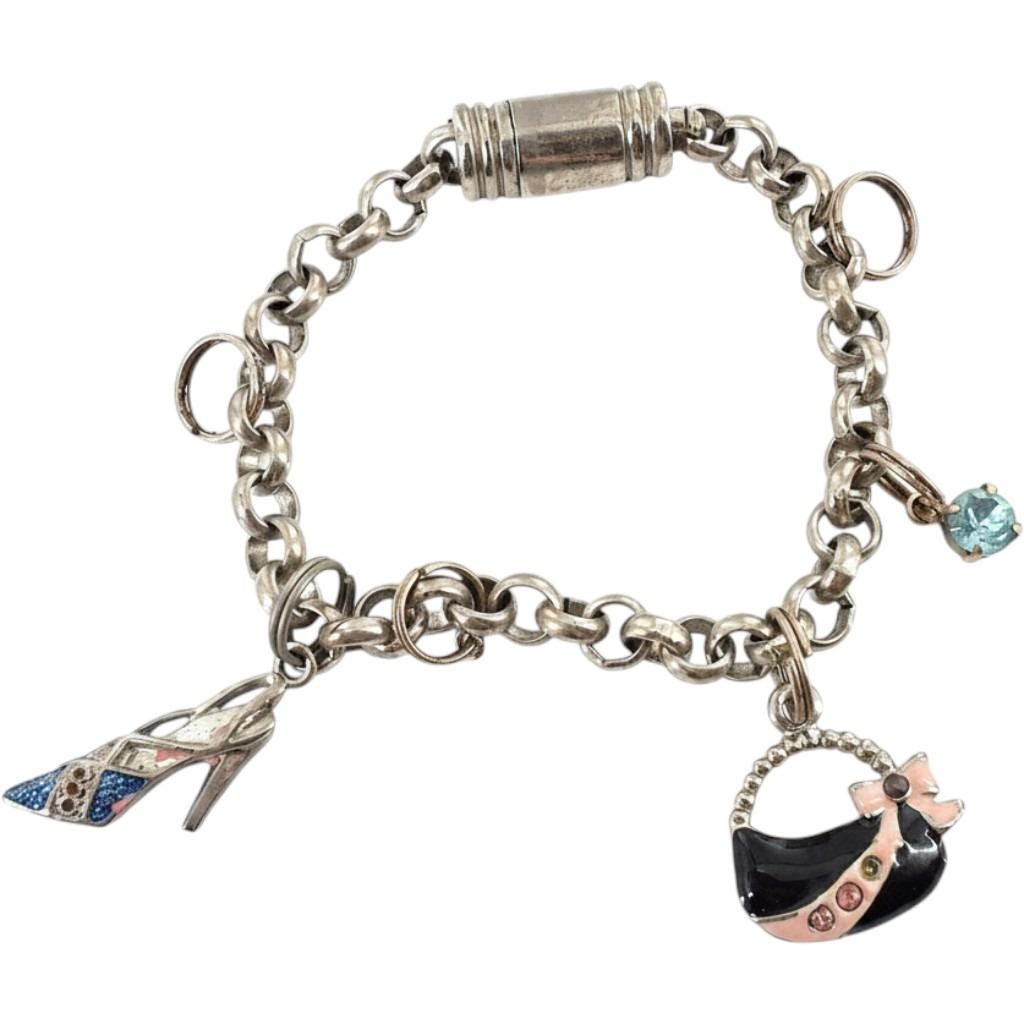 Silver Tone Charm Bracelet Enameled Handbag High Heel Shoe Crystal Y2K