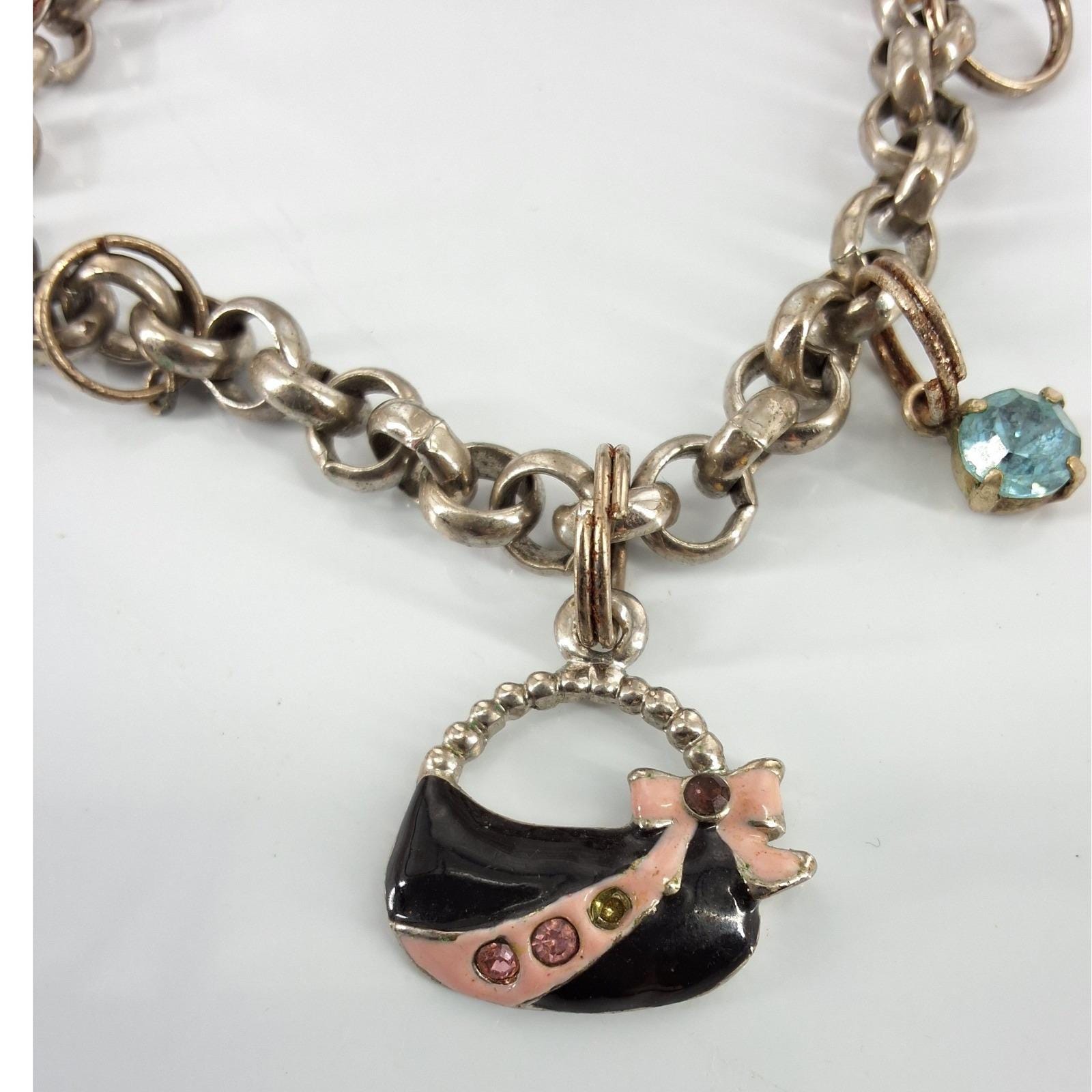 Silver Tone Charm Bracelet Enameled Handbag High Heel Shoe Crystal Y2K