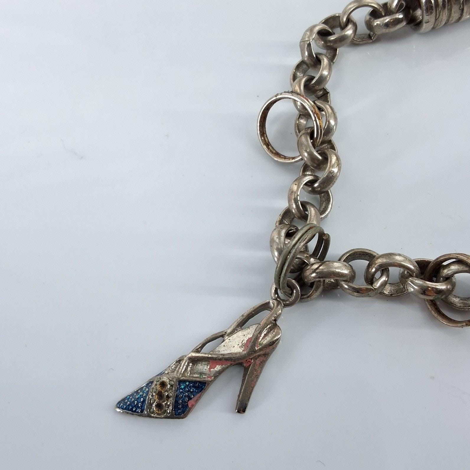 Silver Tone Charm Bracelet Enameled Handbag High Heel Shoe Crystal Y2K - View 3