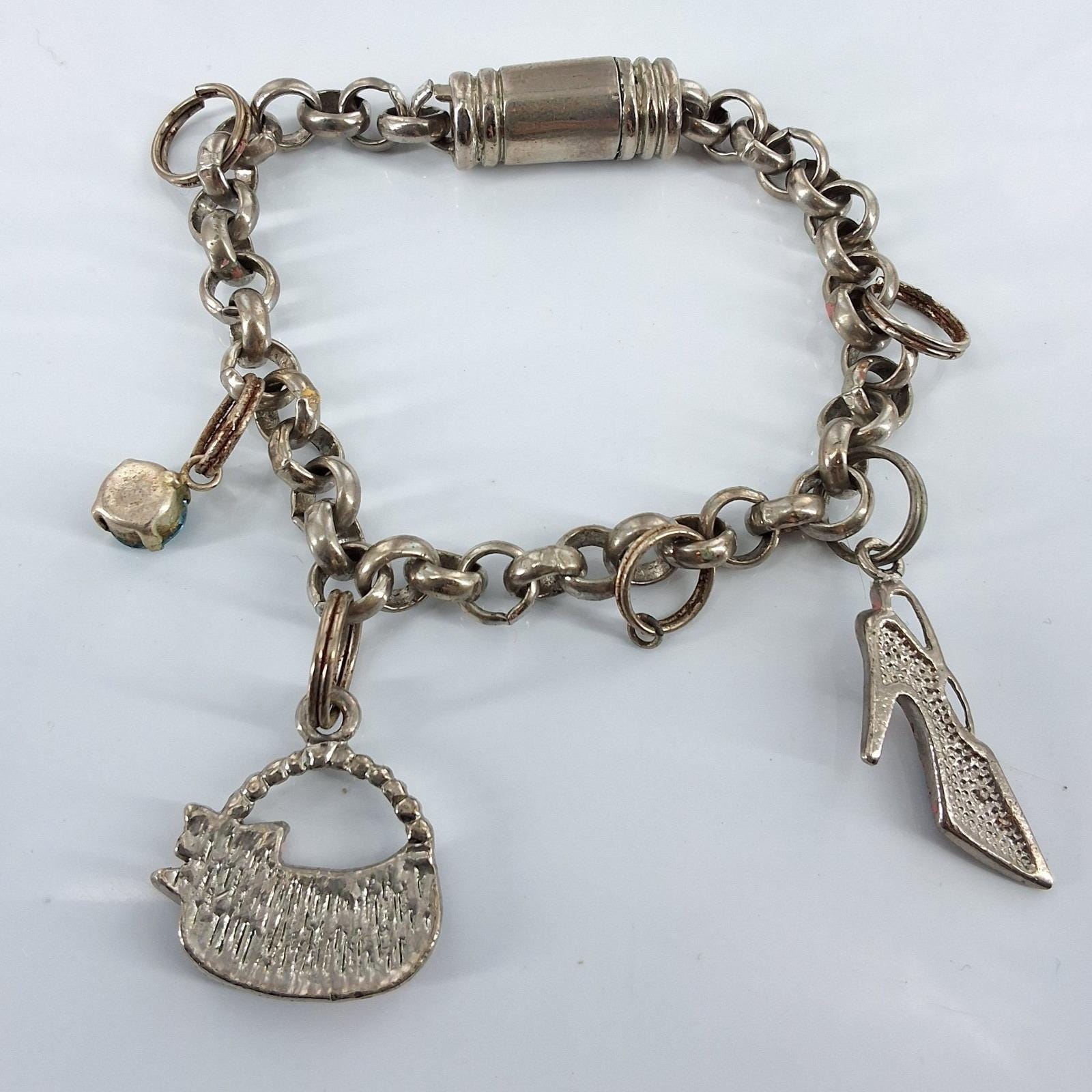 Silver Tone Charm Bracelet Enameled Handbag High Heel Shoe Crystal Y2K - View 5