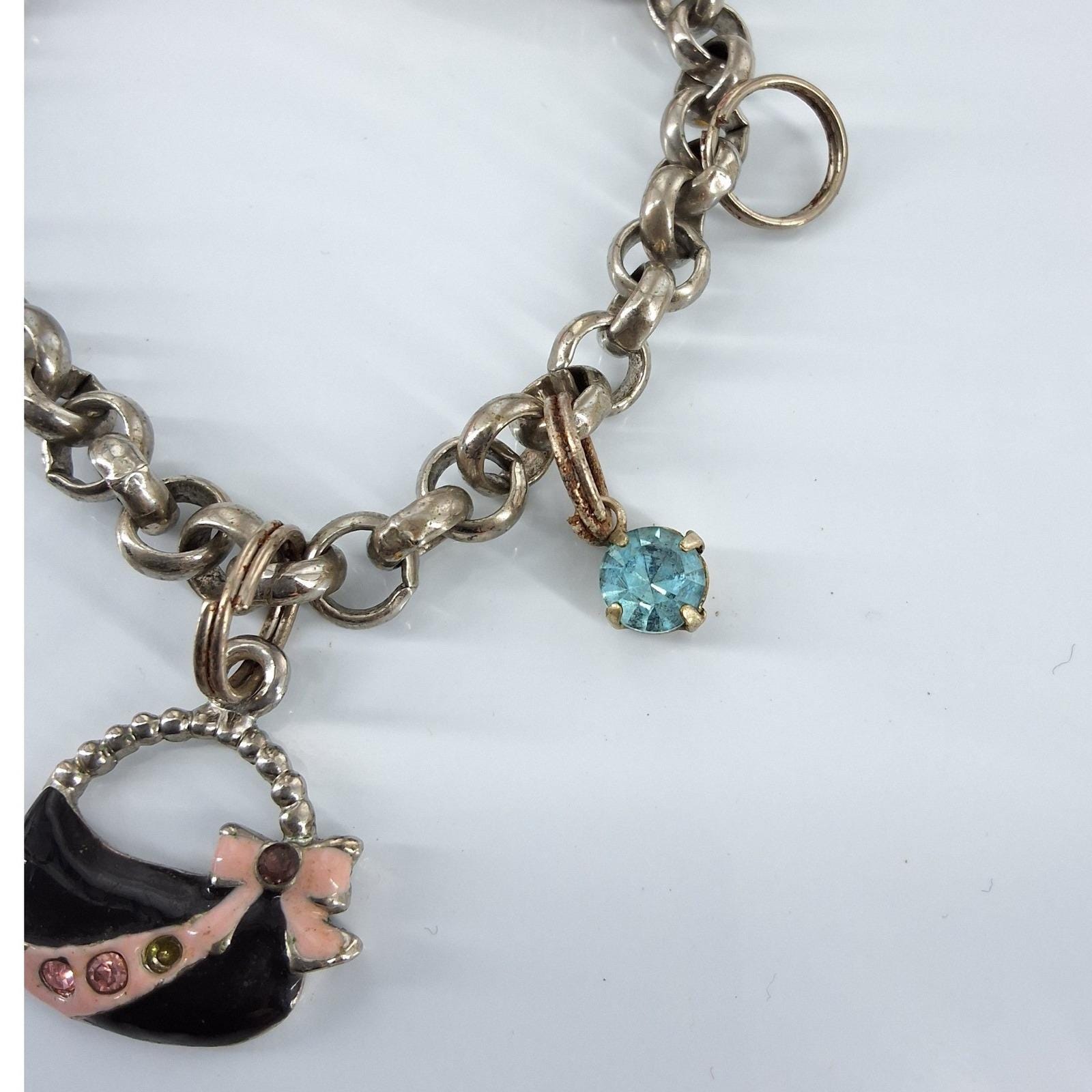 Silver Tone Charm Bracelet Enameled Handbag High Heel Shoe Crystal Y2K - View 6