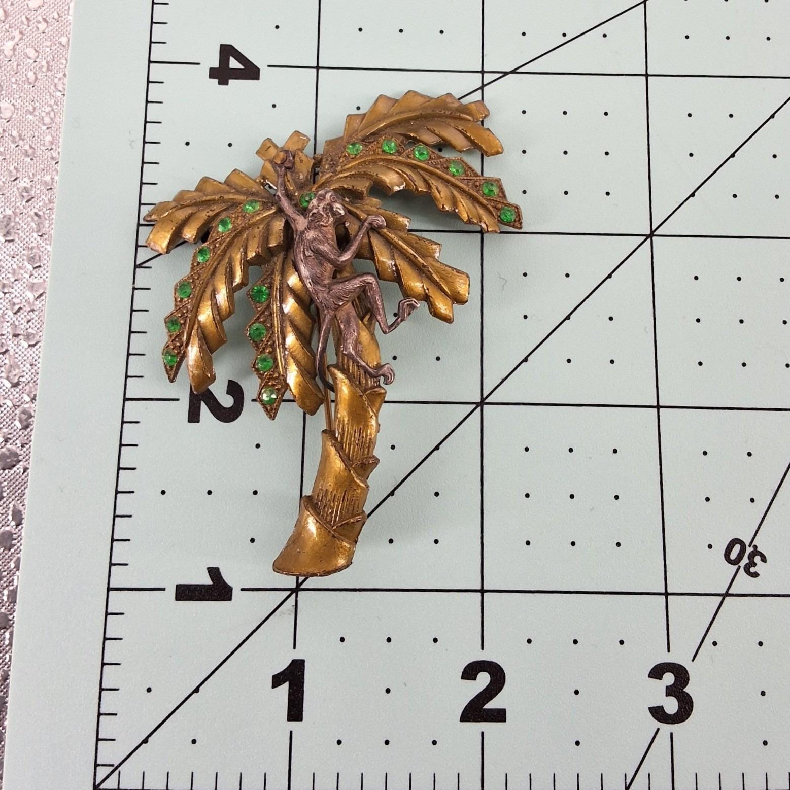 Vintage 1928 Jewelry Co Monkey Palm Tree Brooch Green Rhinestone Pin Book Piece