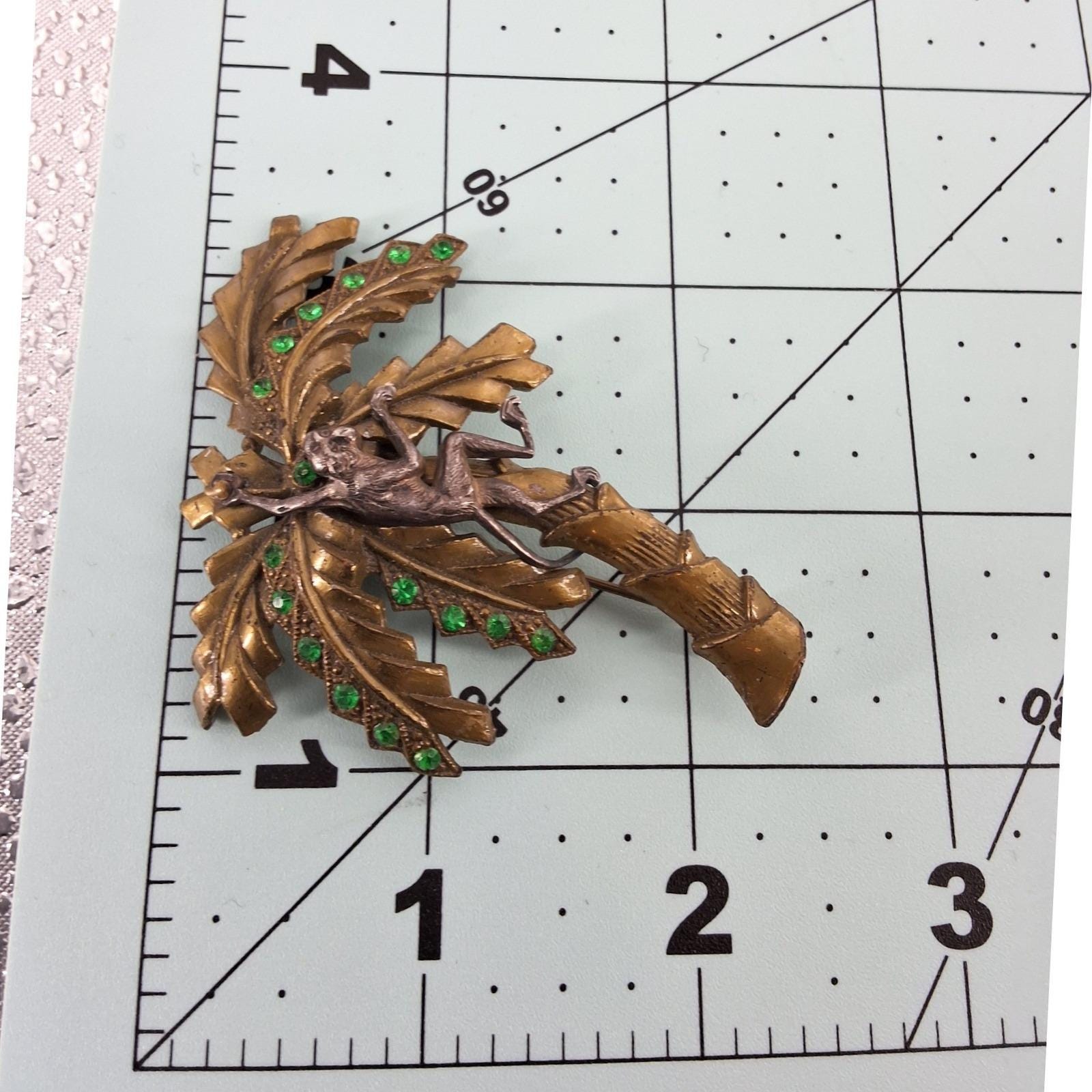Vintage 1928 Jewelry Co Monkey Palm Tree Brooch Green Rhinestone Pin Book Piece - View 4