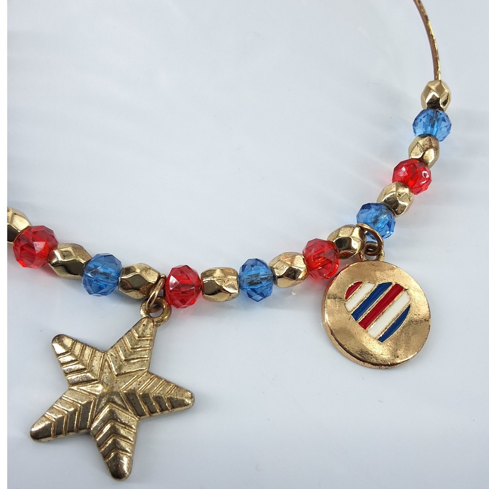 Patriotic Gold Tone Charm Bangle Bracelet Red Blue Beads Star Heart AB Crystal - View 3
