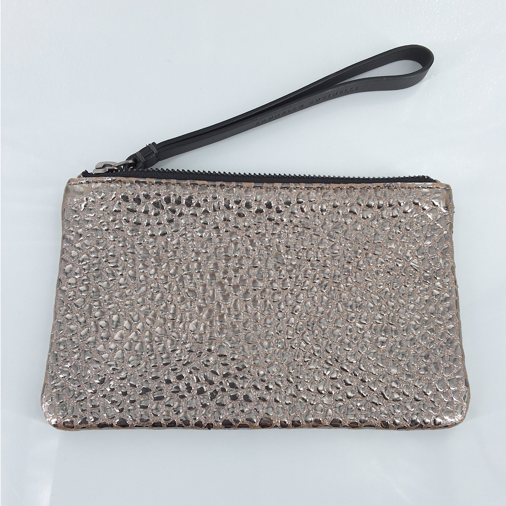 Brunello Cucinelli Metallic Bronze Pebble Leather Wristlet Pouch Zip Clutch