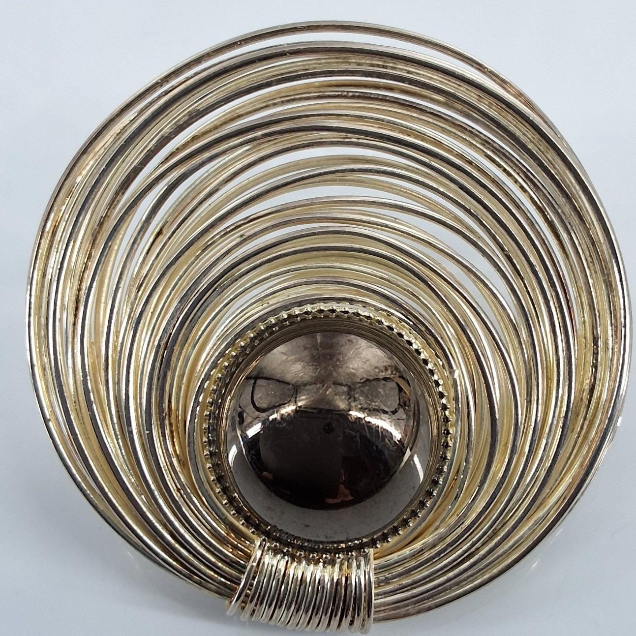 Vintage 80s Gold Tone Modernist Spiral Wire Nest Brooch Hematite Cabochon