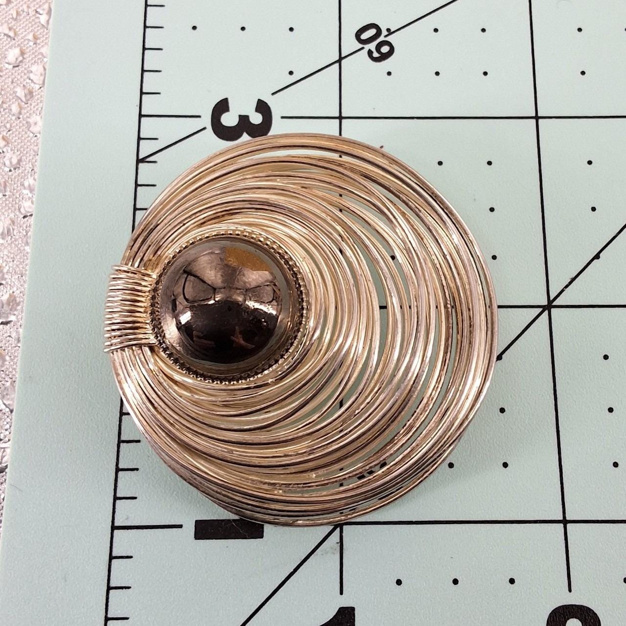 Vintage 80s Gold Tone Modernist Spiral Wire Nest Brooch Hematite Cabochon - View 5