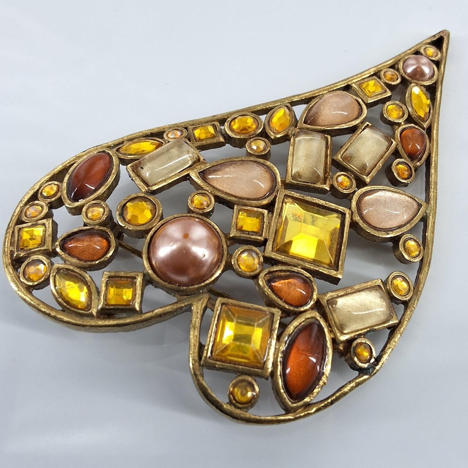 Vintage Style Amber Crystal & Faux Pearl Heart Statement Brooch Pin