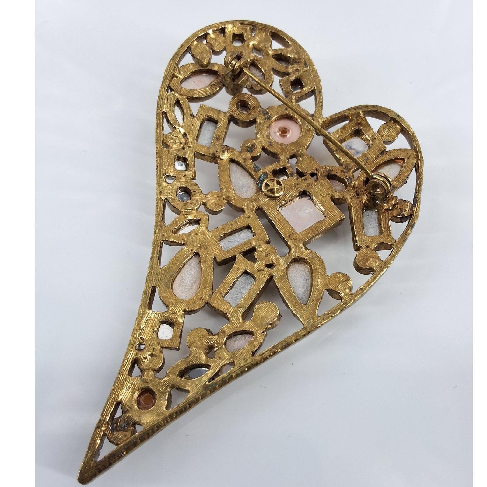 Vintage Style Amber Crystal & Faux Pearl Heart Statement Brooch Pin - View 3