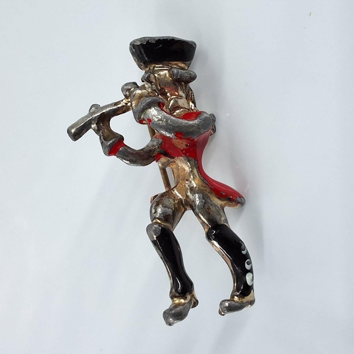 Vintage Fife Player Brooch Red Coat Soldier Figural Enamel Pin Silver Tone 1.5" - View 5