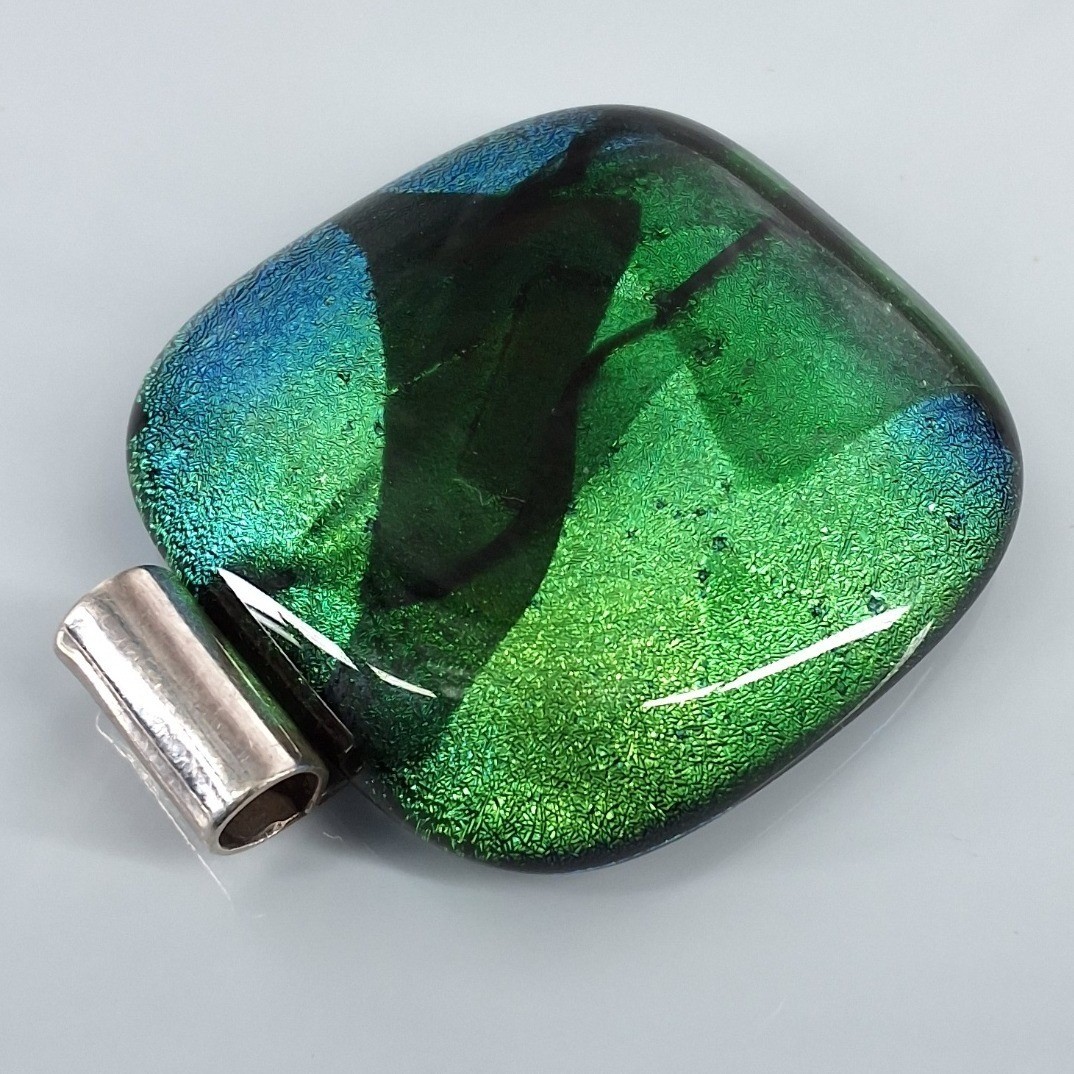 Handmade Dichroic Fused Glass Pendant Green Blue Iridescent Square Art Jewelry