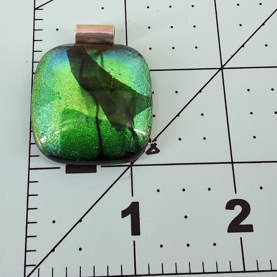 Handmade Dichroic Fused Glass Pendant Green Blue Iridescent Square Art Jewelry - View 3