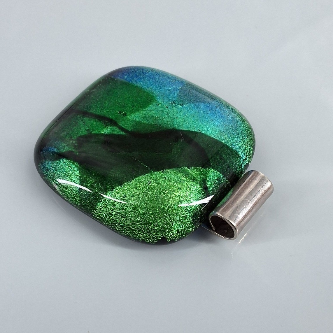 Handmade Dichroic Fused Glass Pendant Green Blue Iridescent Square Art Jewelry - View 5