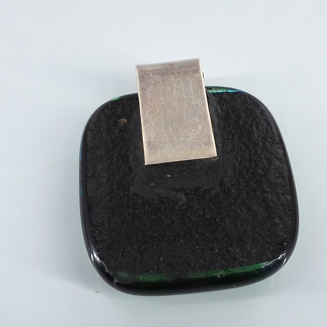 Handmade Dichroic Fused Glass Pendant Green Blue Iridescent Square Art Jewelry - View 6