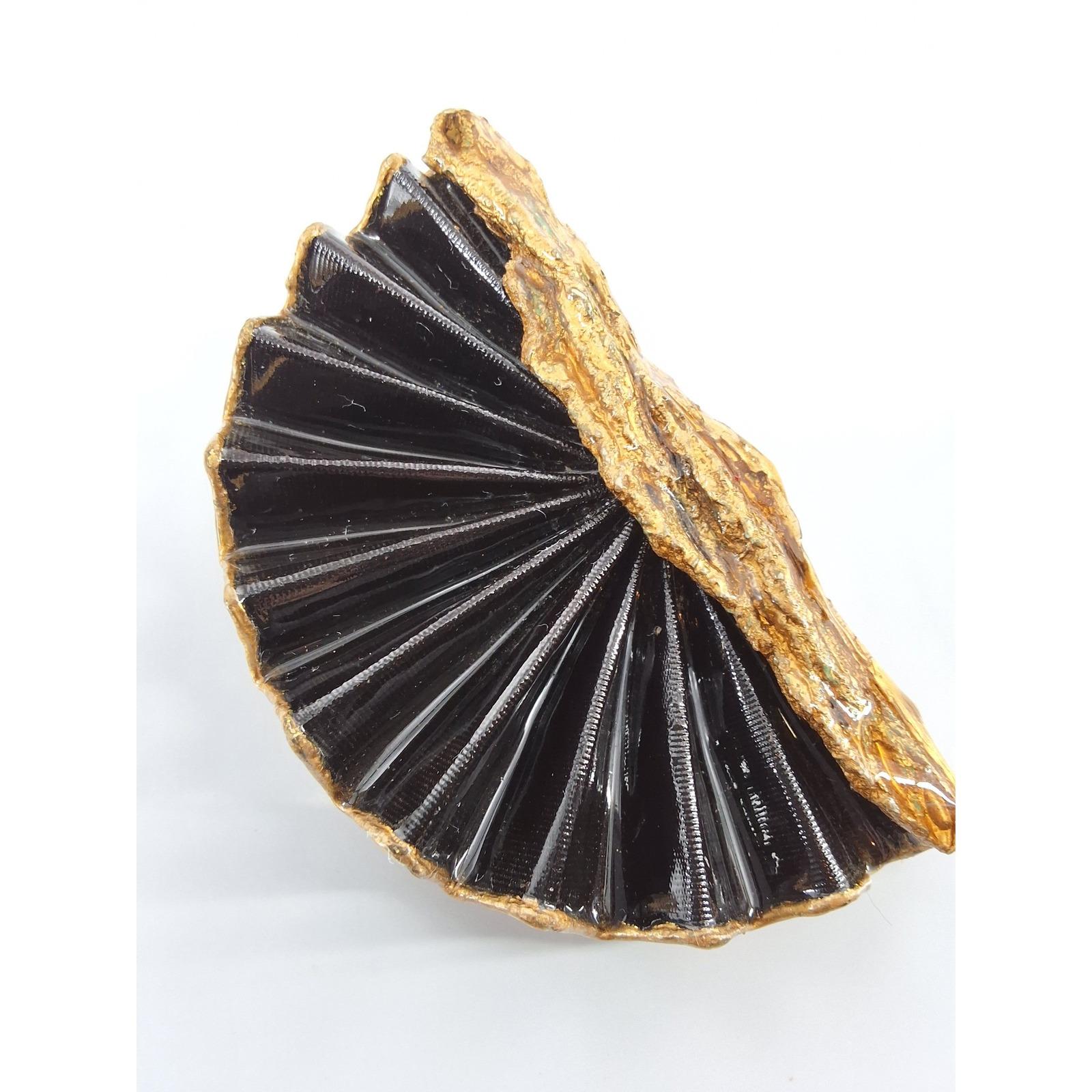 Vintage 1980s Art Deco Black Enamel Fan Brooch Gold Tone Statement Pin