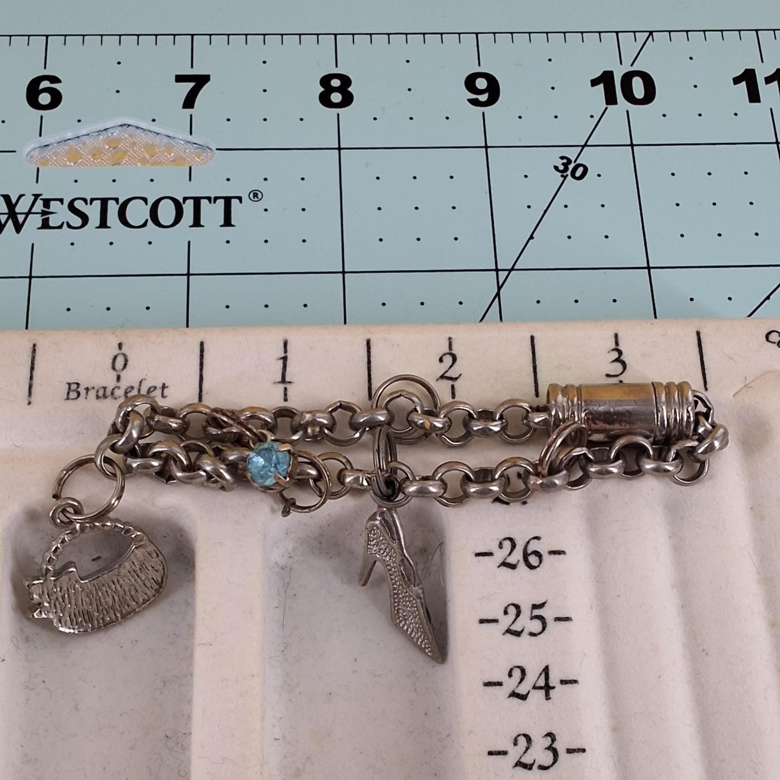 Silver Tone Charm Bracelet Enameled Handbag High Heel Shoe Crystal Y2K - View 8