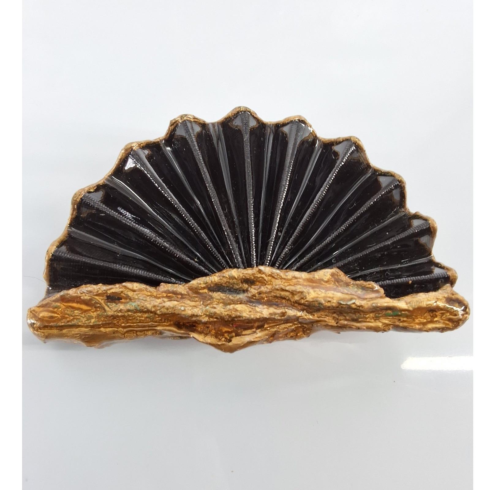 Vintage 1980s Art Deco Black Enamel Fan Brooch Gold Tone Statement Pin - View 5