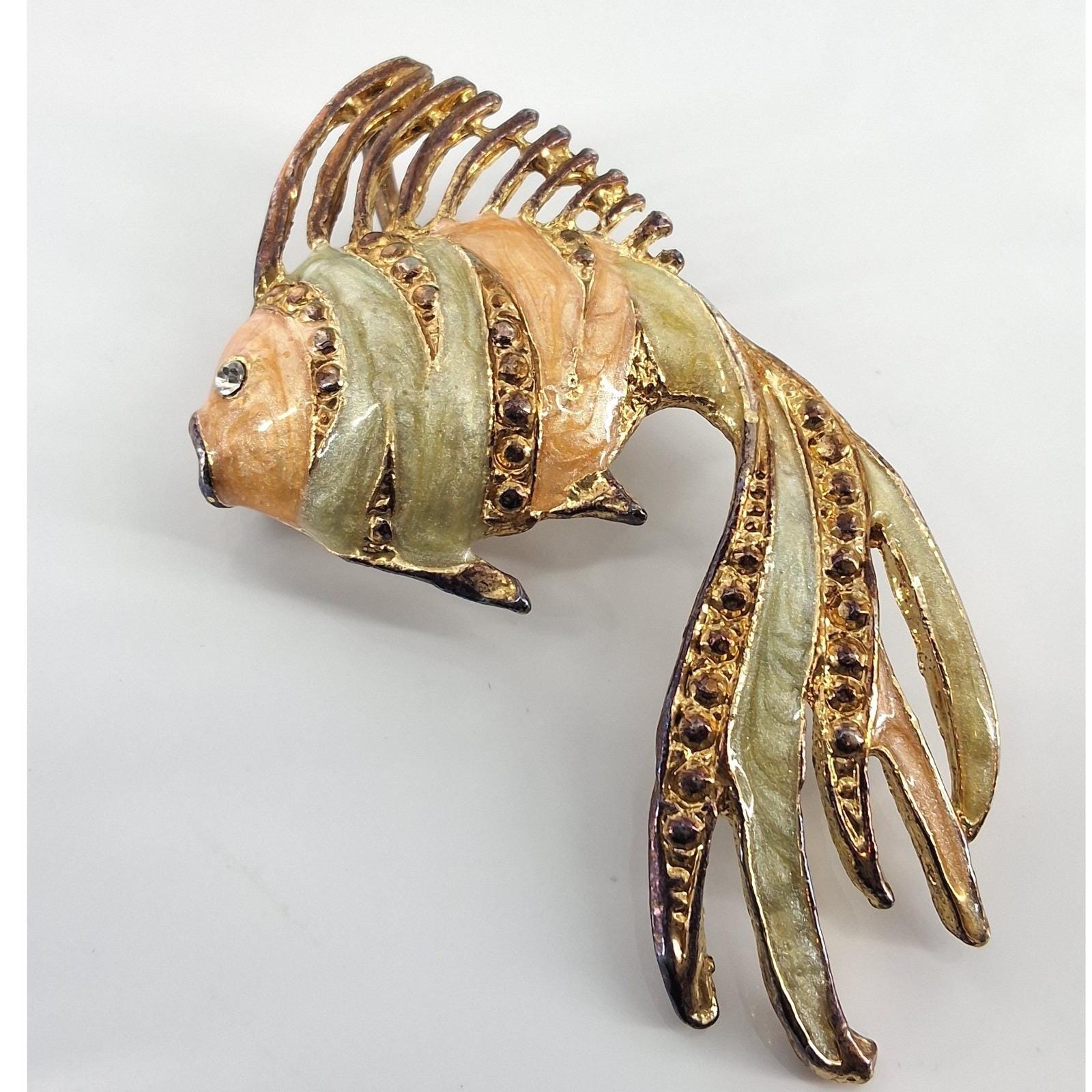 Vintage Gold Tone Enamel Rhinestone Goldfish Brooch Pendant Fish