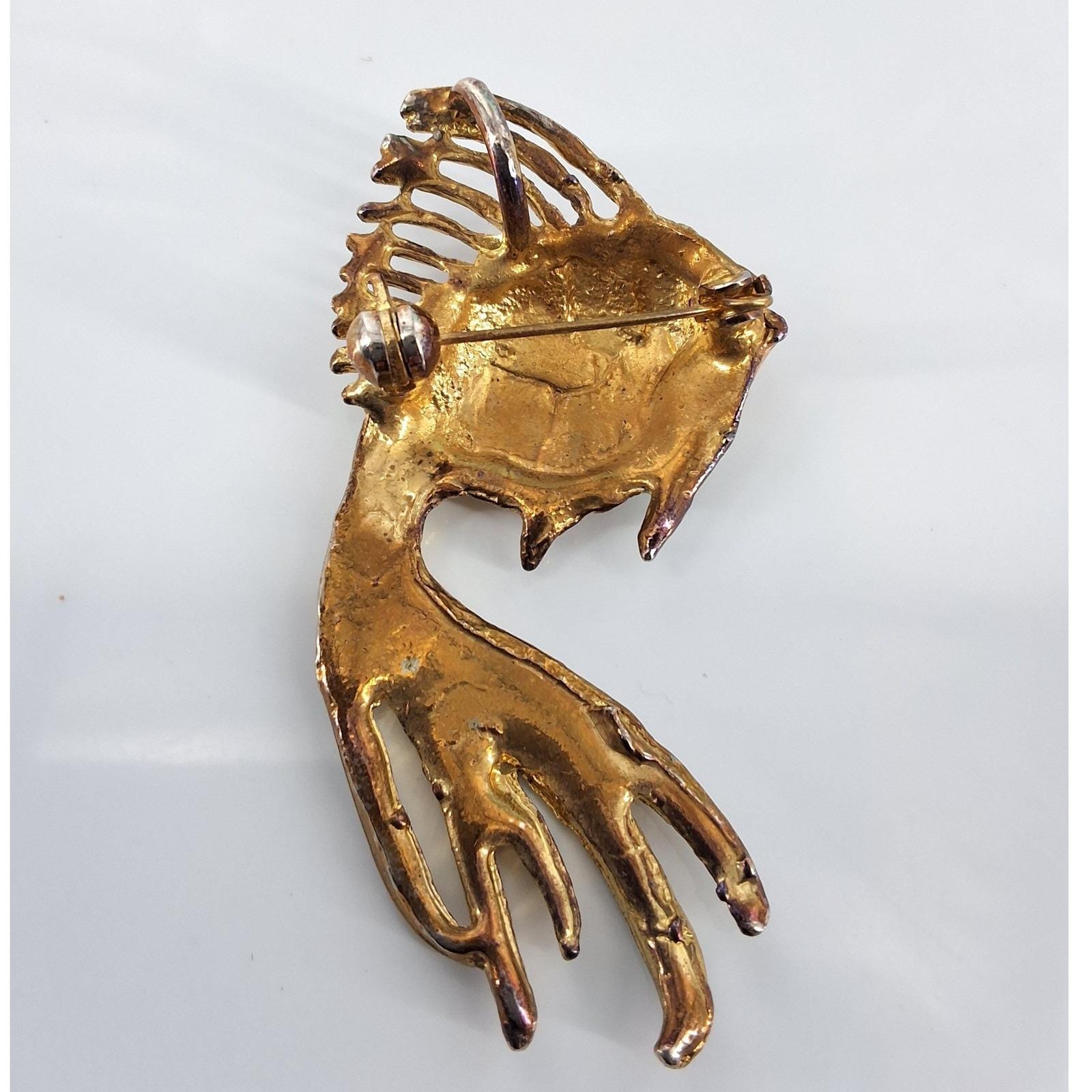 Vintage Gold Tone Enamel Rhinestone Goldfish Brooch Pendant Fish - View 3