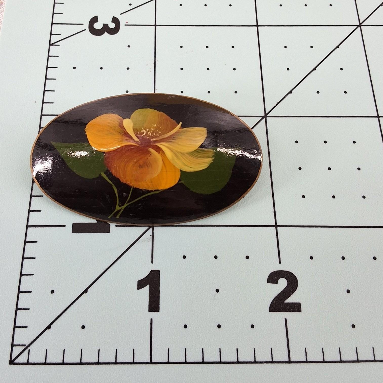 Vintage Hand Painted Floral Lacquer Brooch Oval Yellow Flower Signed Folk Art - View 3