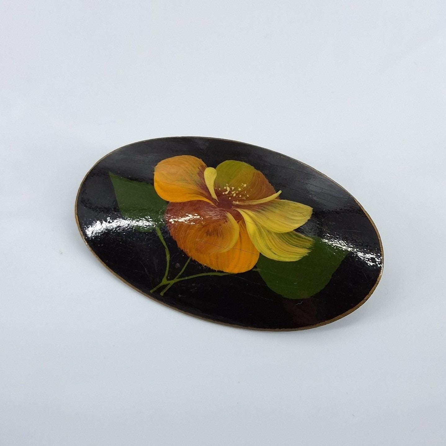 Vintage Hand Painted Floral Lacquer Brooch Oval Yellow Flower Signed Folk Art - View 5
