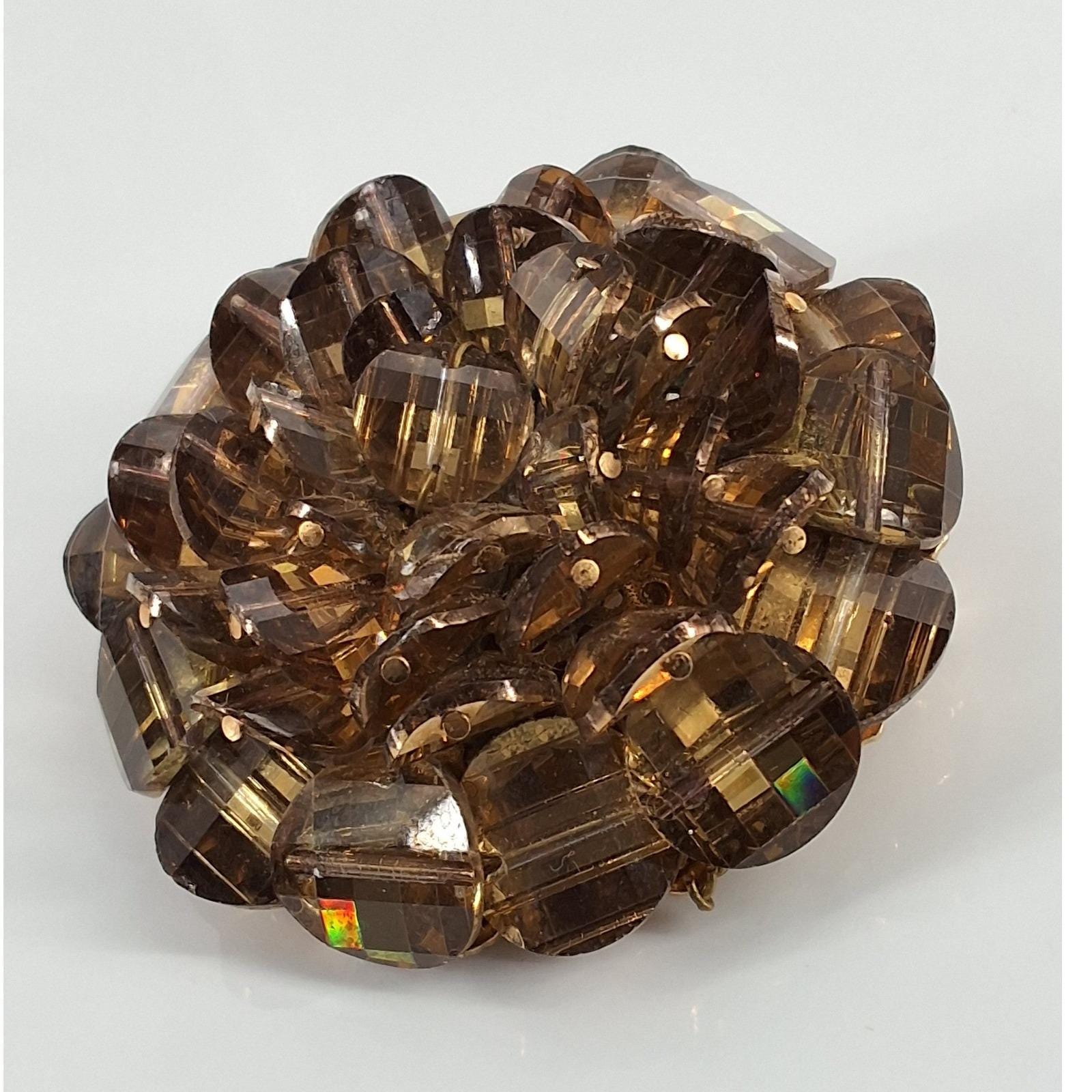 Vintage Amber Glass Bead Cluster Brooch Gold Tone Domed Filigree Pin 1960s