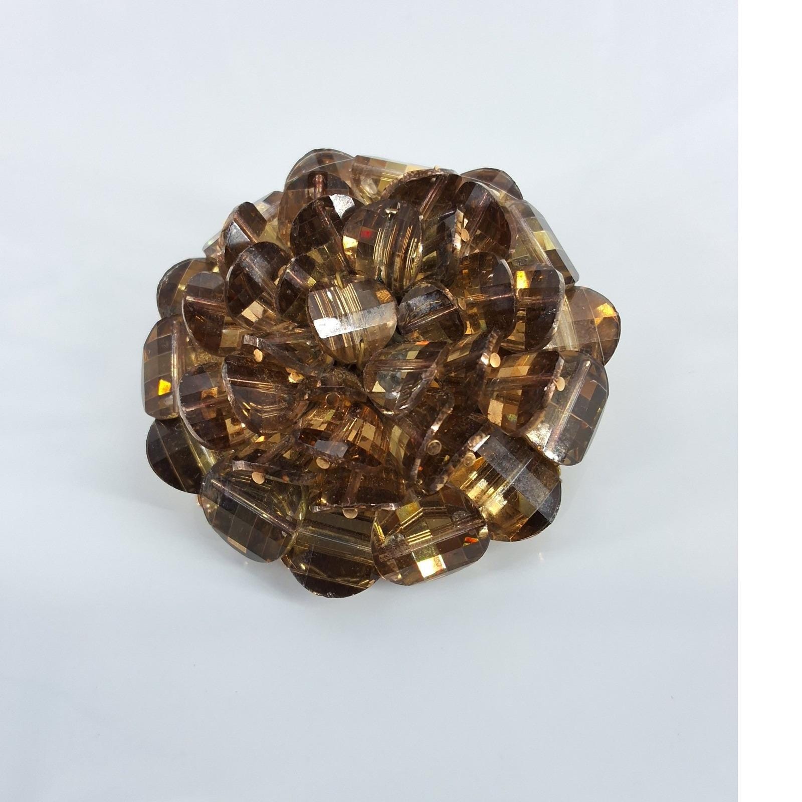 Vintage Amber Glass Bead Cluster Brooch Gold Tone Domed Filigree Pin 1960s - View 4