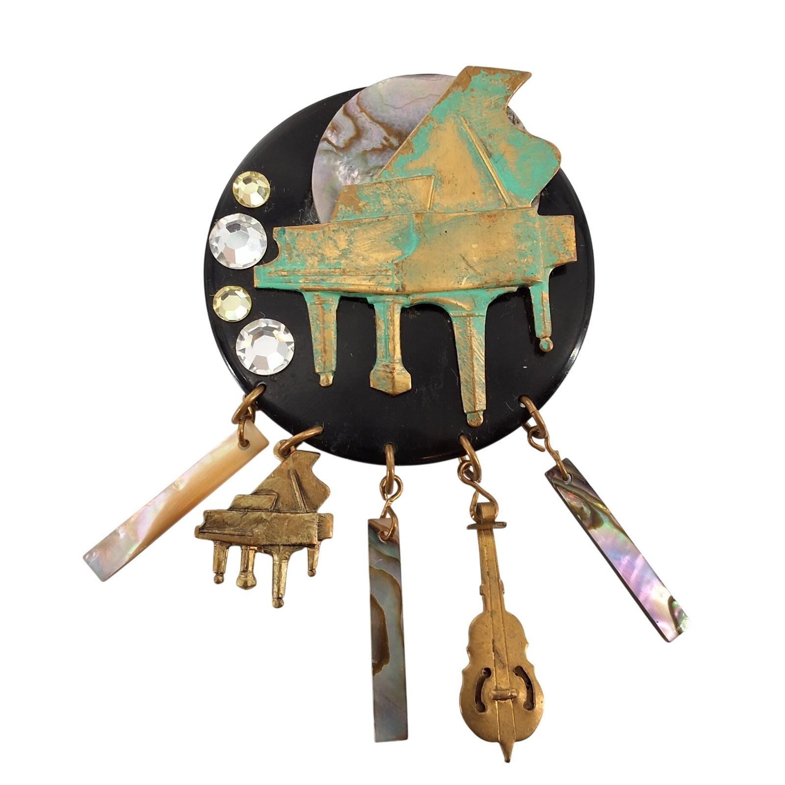 Vintage Musical Grand Piano Brooch Cello Shell Dangle Charms Verdigris Patina