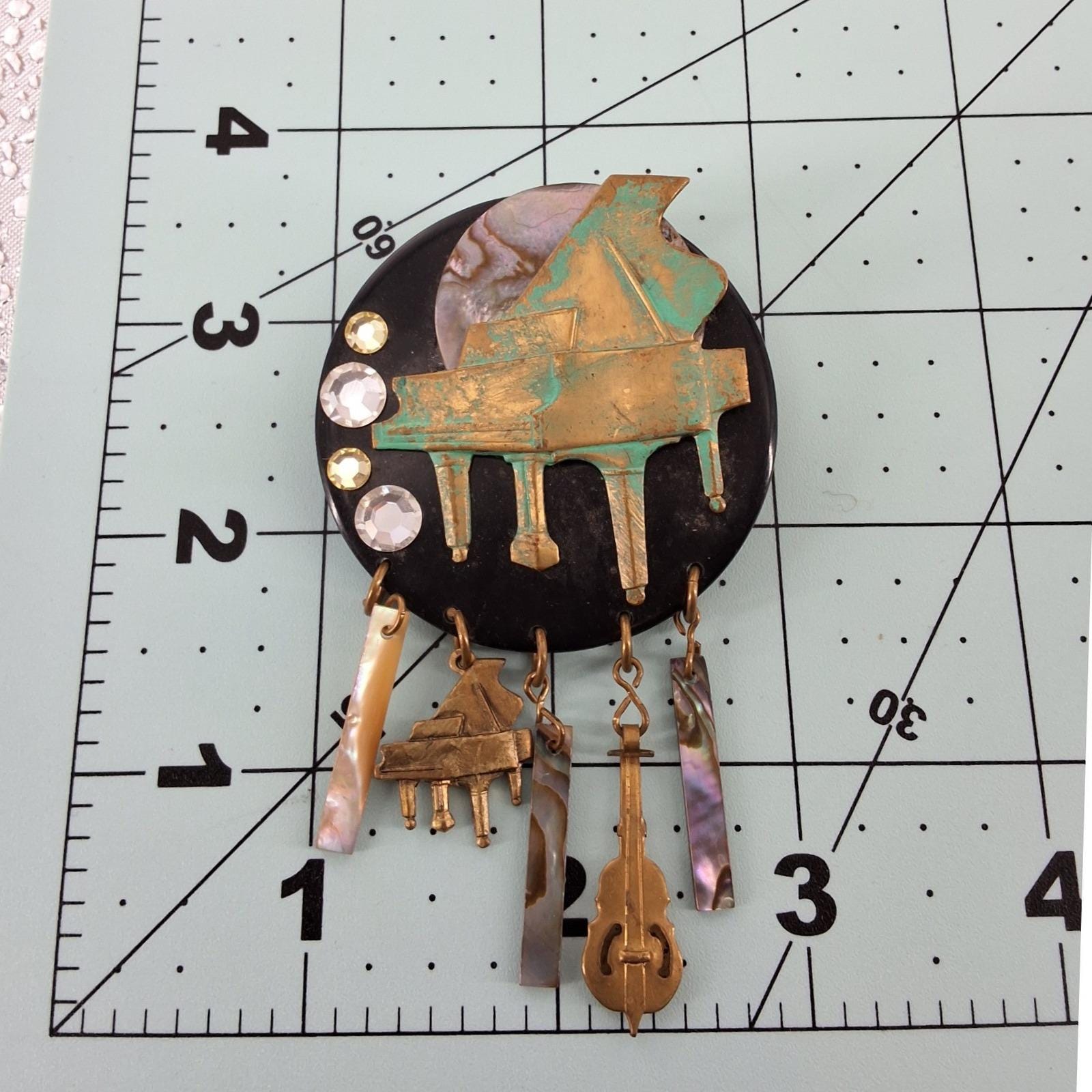 Vintage Musical Grand Piano Brooch Cello Shell Dangle Charms Verdigris Patina