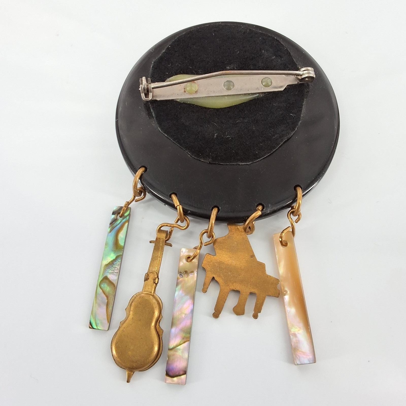 Vintage Musical Grand Piano Brooch Cello Shell Dangle Charms Verdigris Patina - View 3