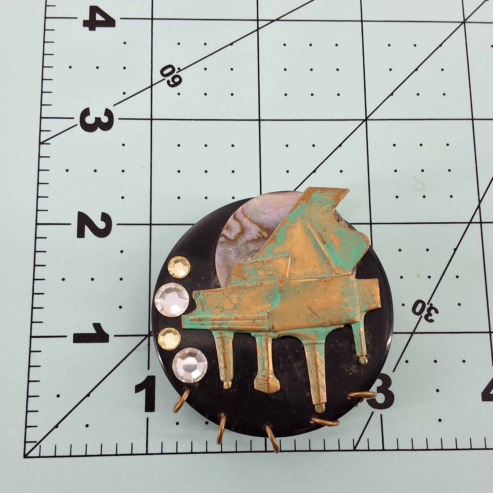 Vintage Musical Grand Piano Brooch Cello Shell Dangle Charms Verdigris Patina - View 4