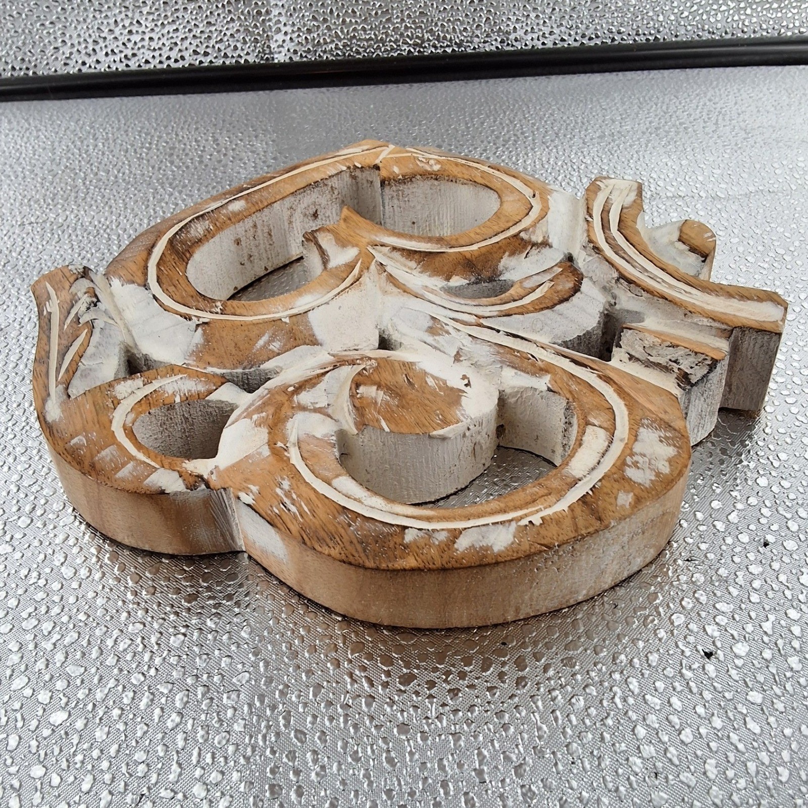 Hand Carved Wood Om Symbol Wall Art Distressed Whitewash Spiritual Decor 7" - View 7