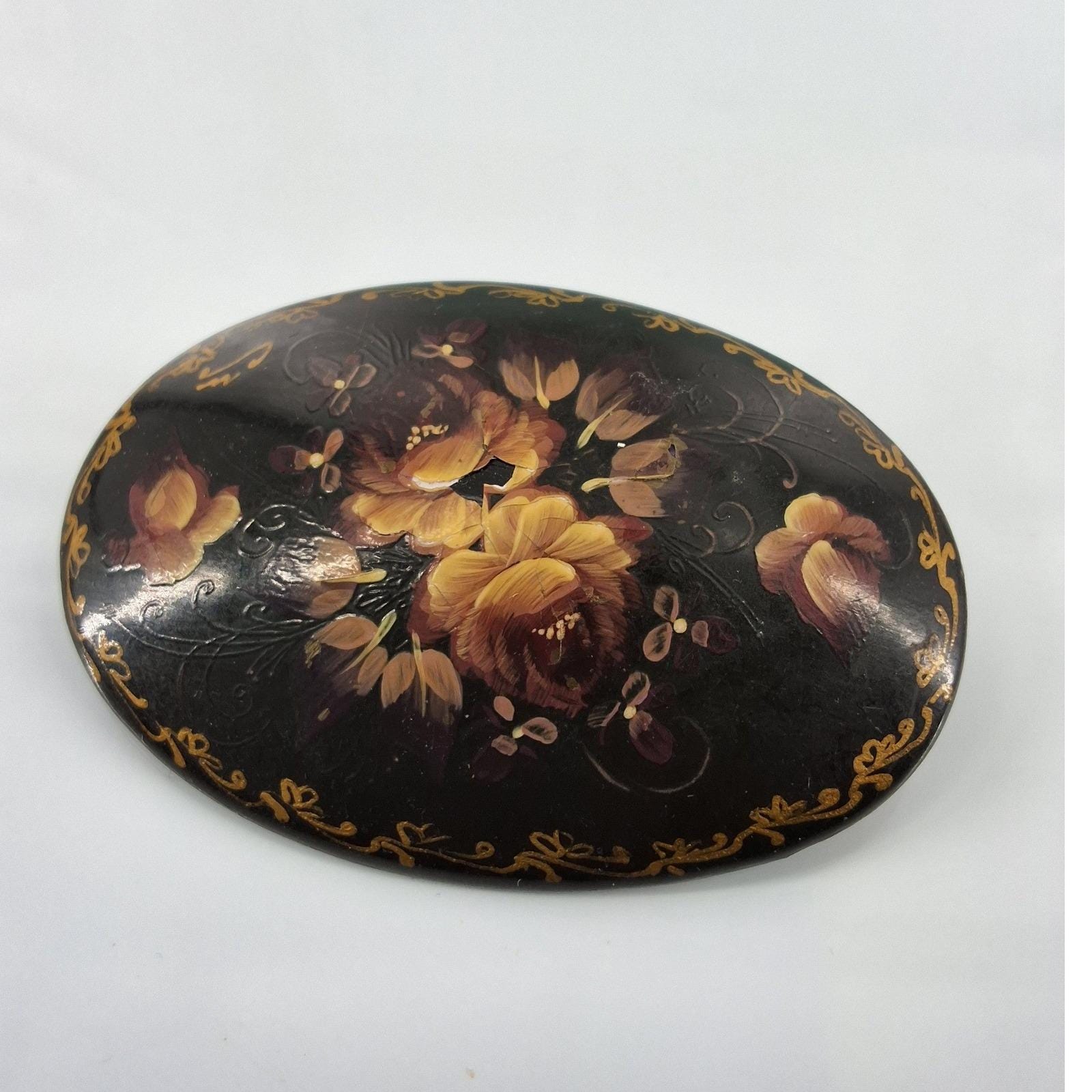 Vintage Russian Lacquer Brooch Hand Painted Black Gold Floral Oval Pin - View 5