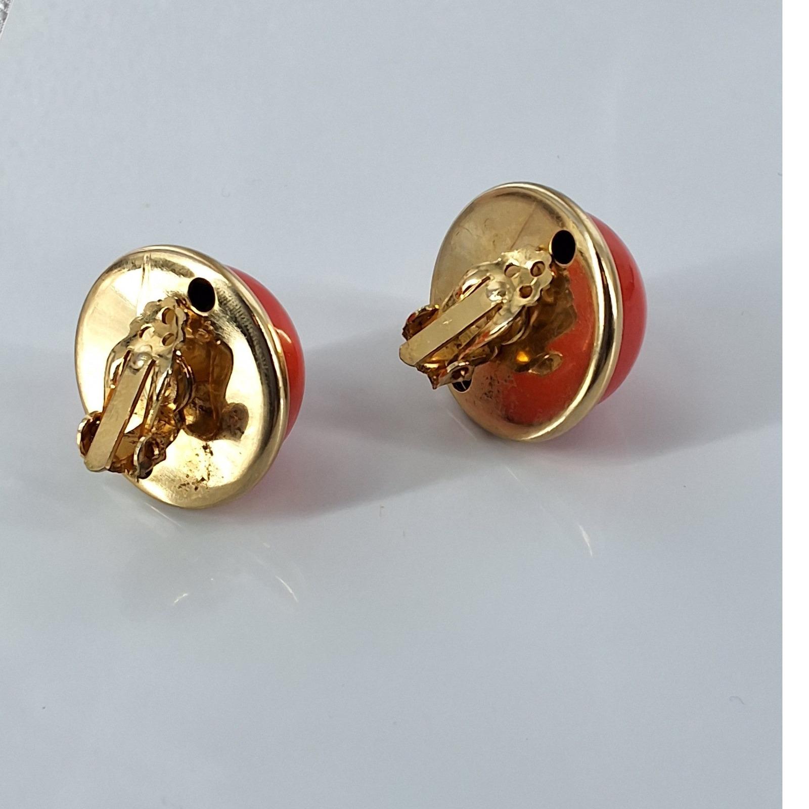 Vintage 1980s Red Cabochon Dome Clip On Earrings Gold Tone Bold Button Studs
