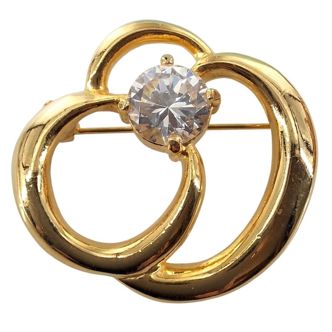 Gold Tone Interlocking Circle Brooch Pin Clear Crystal Center Geometric Modern