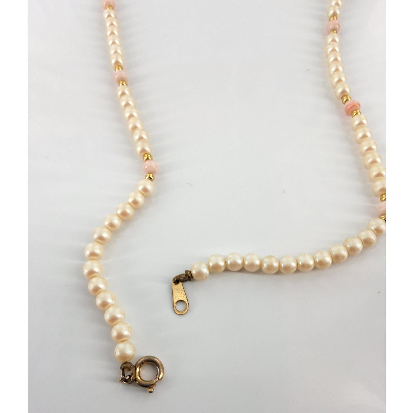Vintage Cream Faux Pearl Necklace Pink Spacers Gold Accent 24" Strand - View 4