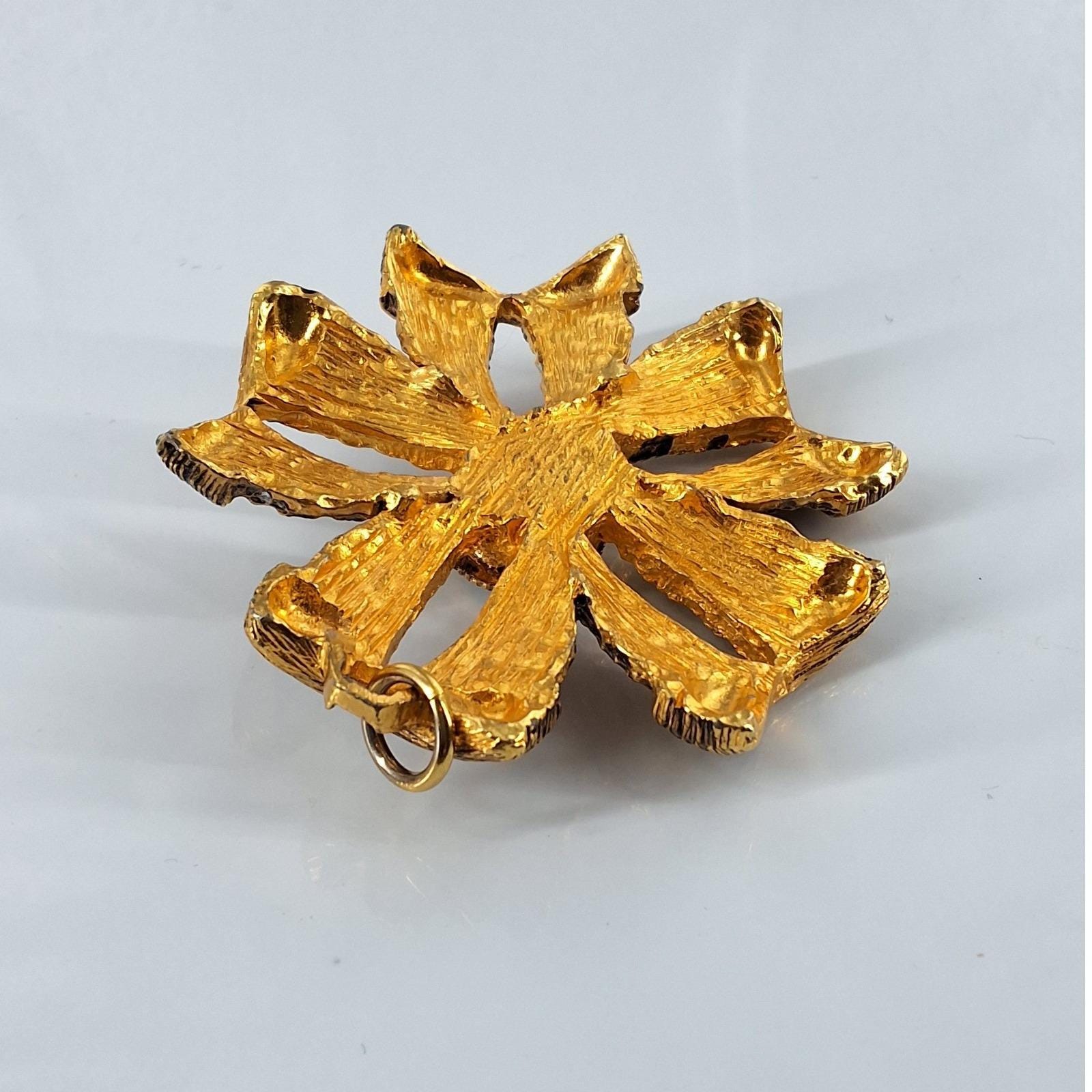 Vintage Gold Tone Brutalist Ribbon Flower Pendant Green Cabochon Statement - View 3