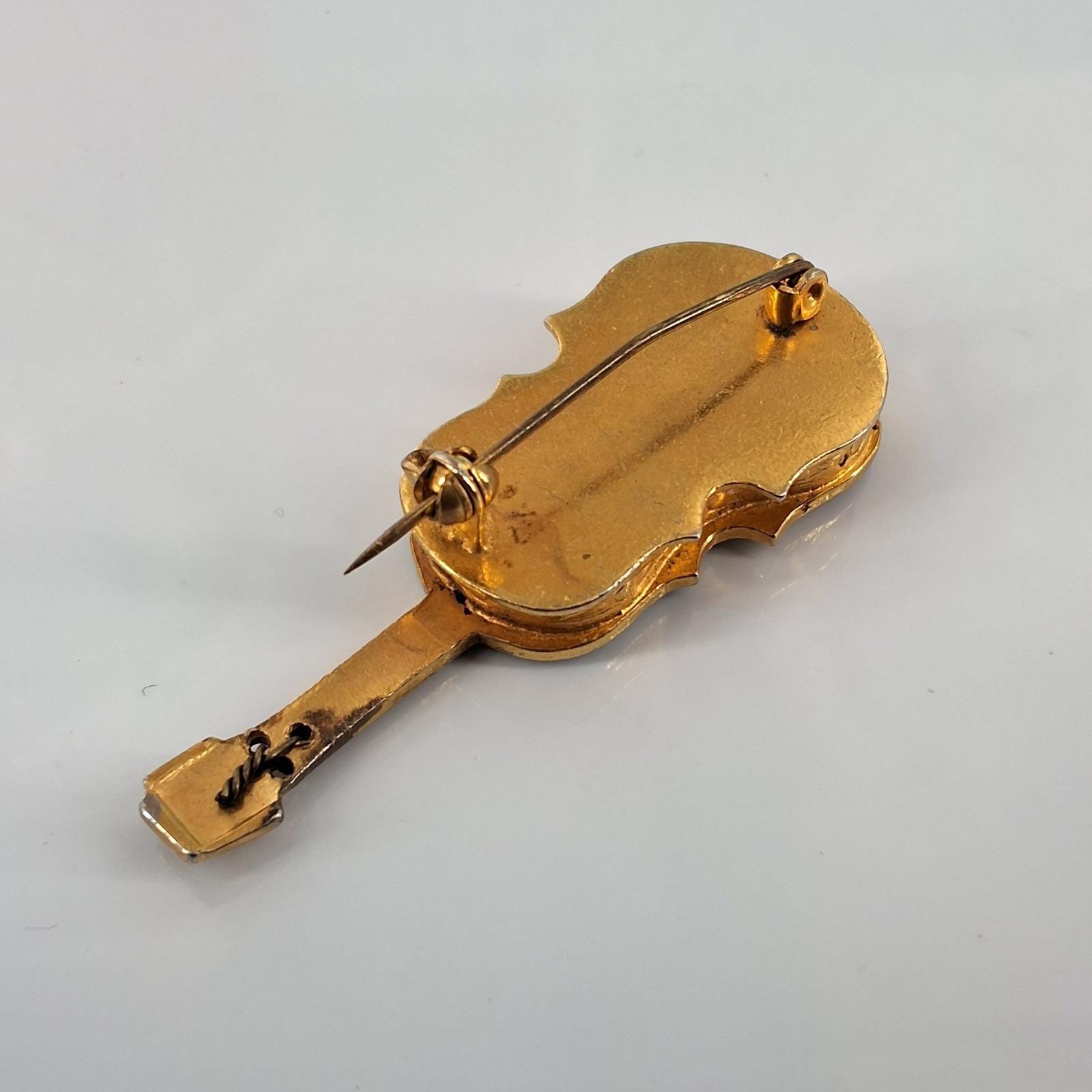 Vintage Gold Tone Violin Brooch Green Enamel Music Pin 2"