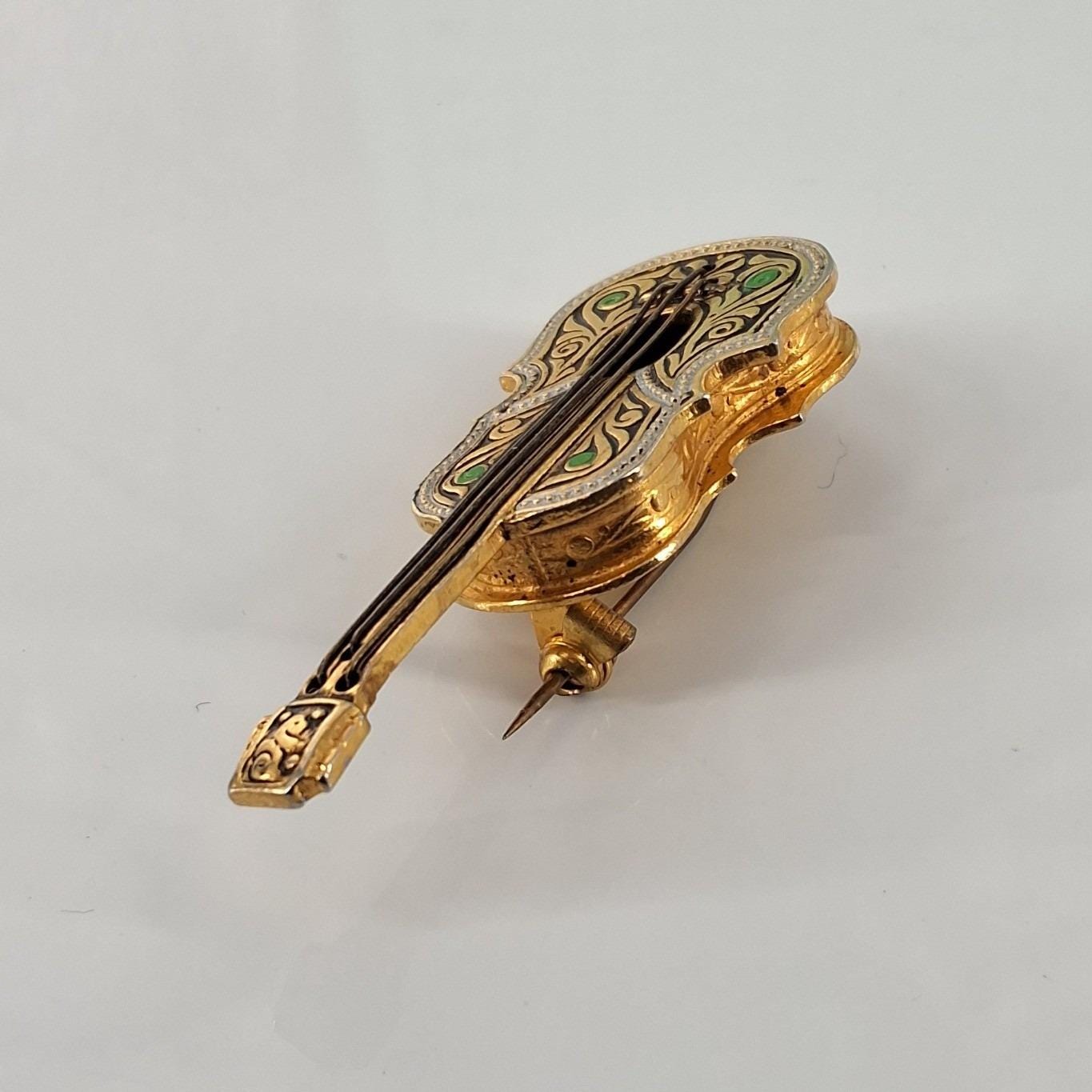 Vintage Gold Tone Violin Brooch Green Enamel Music Pin 2" - View 3