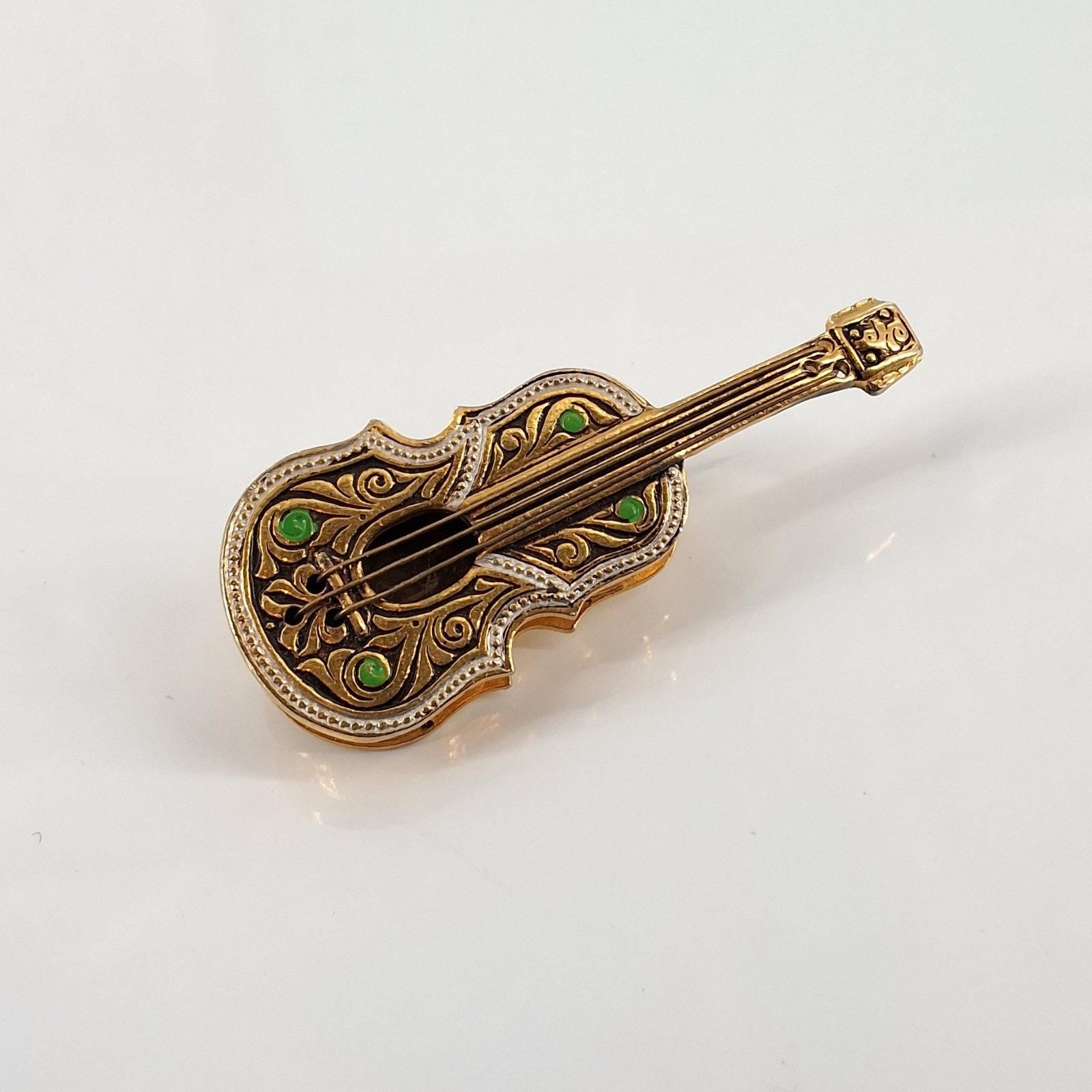 Vintage Gold Tone Violin Brooch Green Enamel Music Pin 2" - View 4