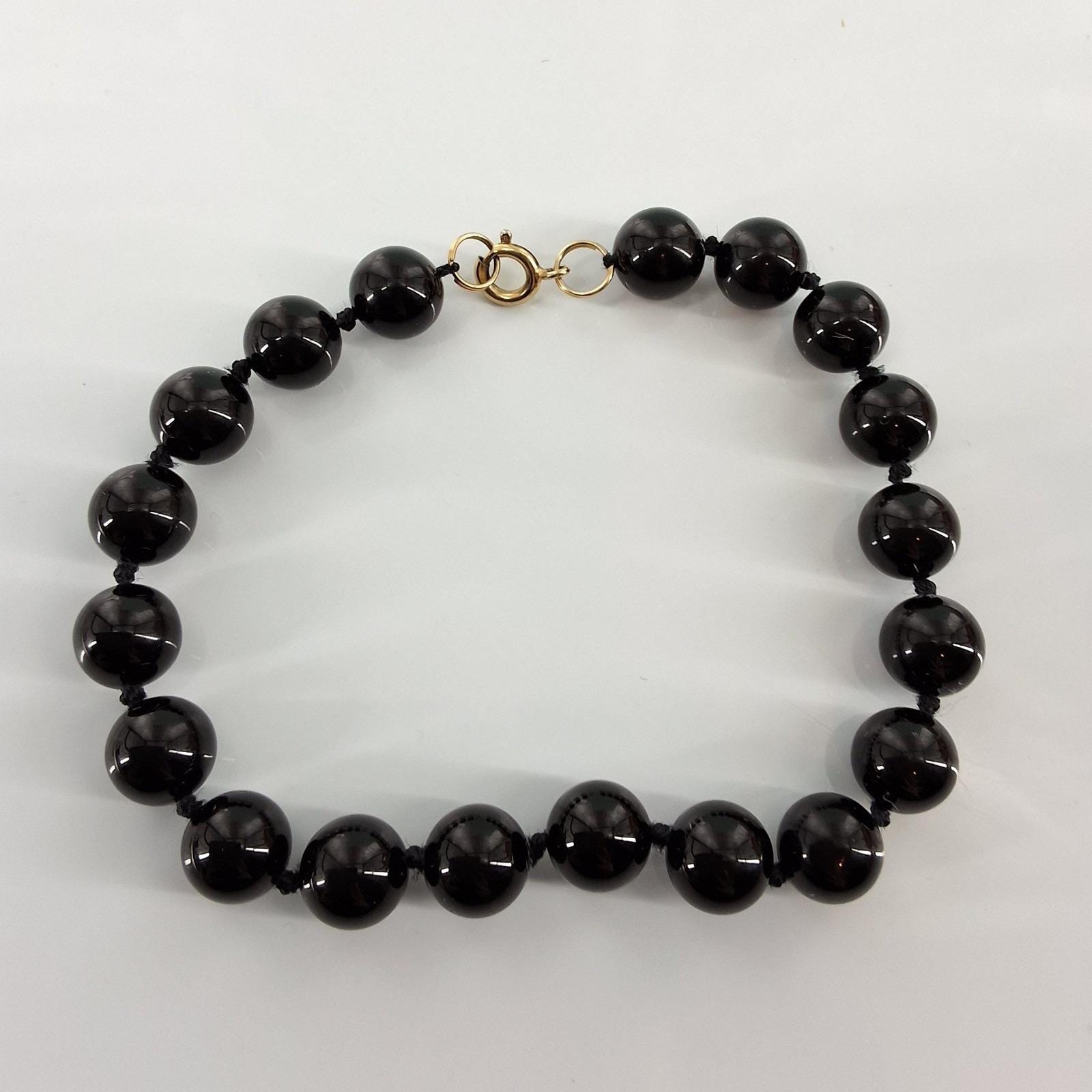 Vintage Genuine Black Onyx Beaded Bracelet Hand Knotted Gold Tone Clasp 8"